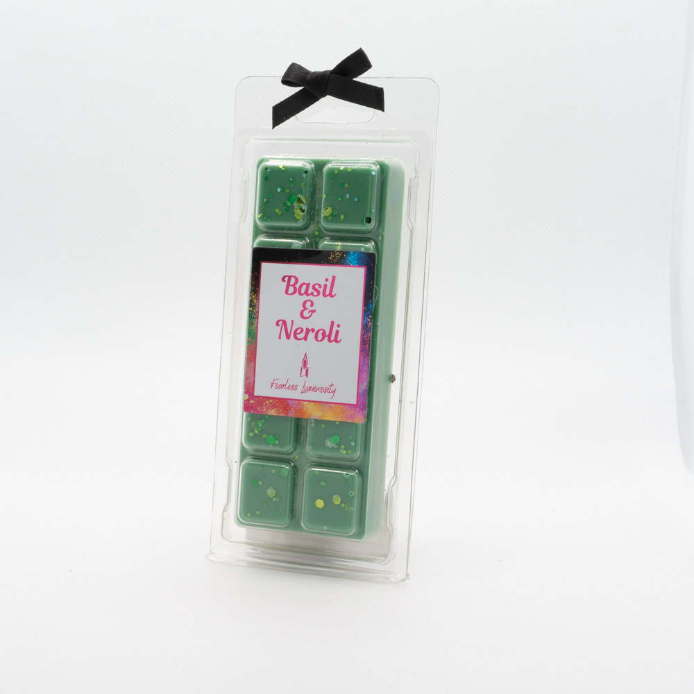 Basil and Neroli green wax melt with biodegradable glitter.