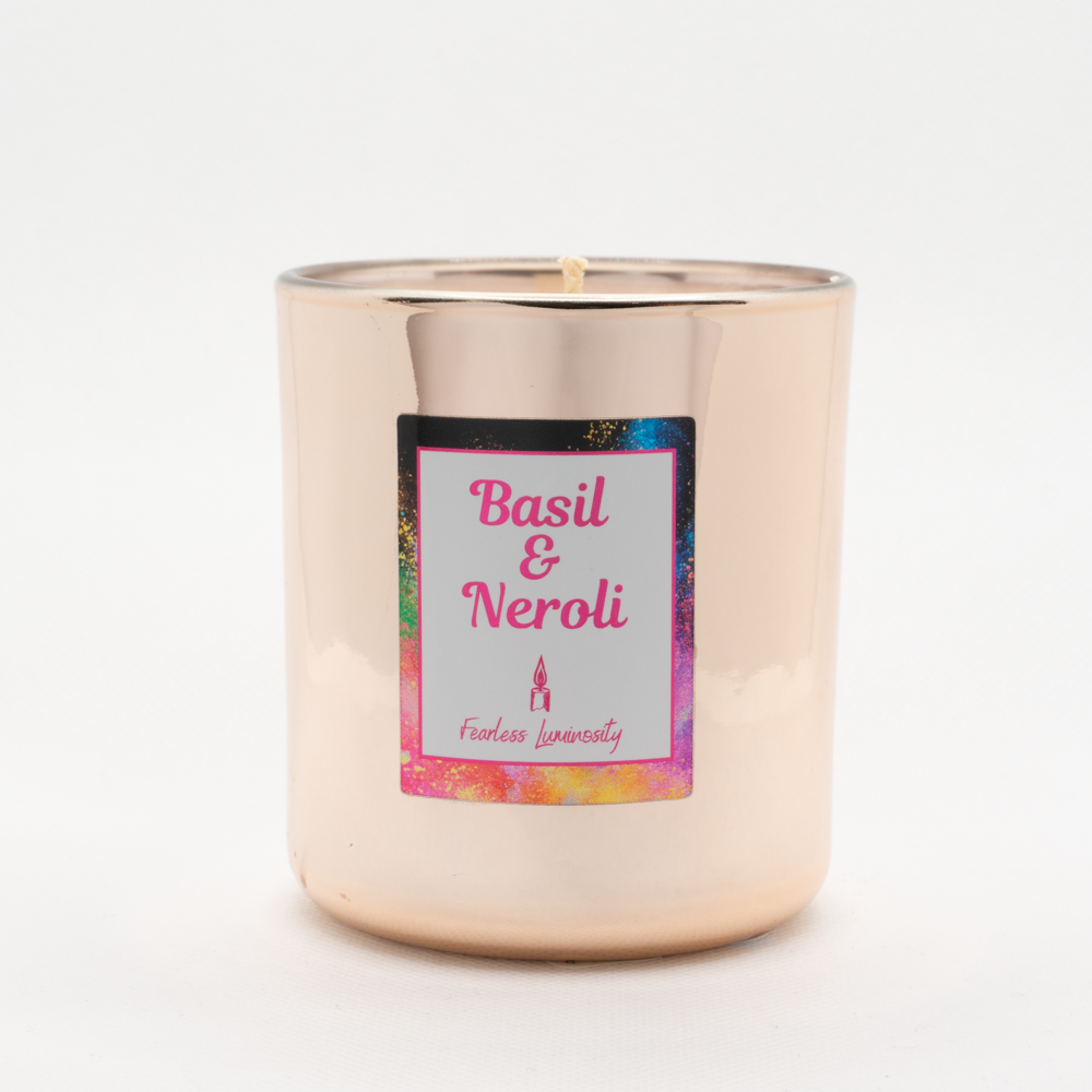 Copper Candle, Basil & Neroli, soy and cotton wick showing. 