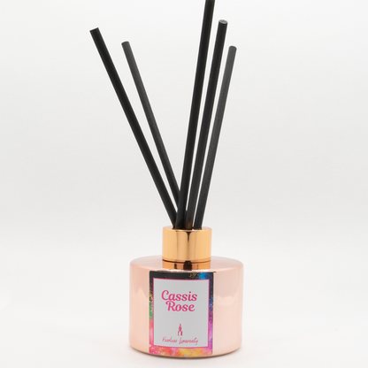 Rose Gold Cassis Rose Diffuser with black reeds. 