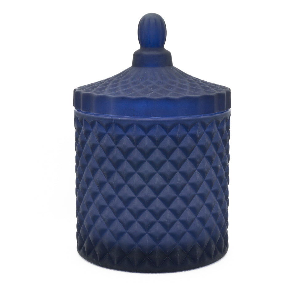 Gorgeous cut glass matt blue candle with lid, soy vegan and cruelty free. Lid shown on candle