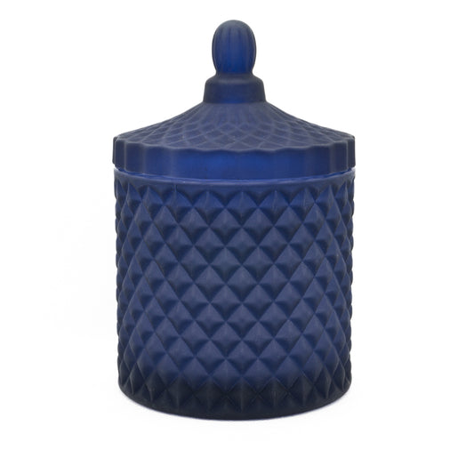 Gorgeous cut glass matt blue candle with lid, soy vegan and cruelty free. Lid shown on candle
