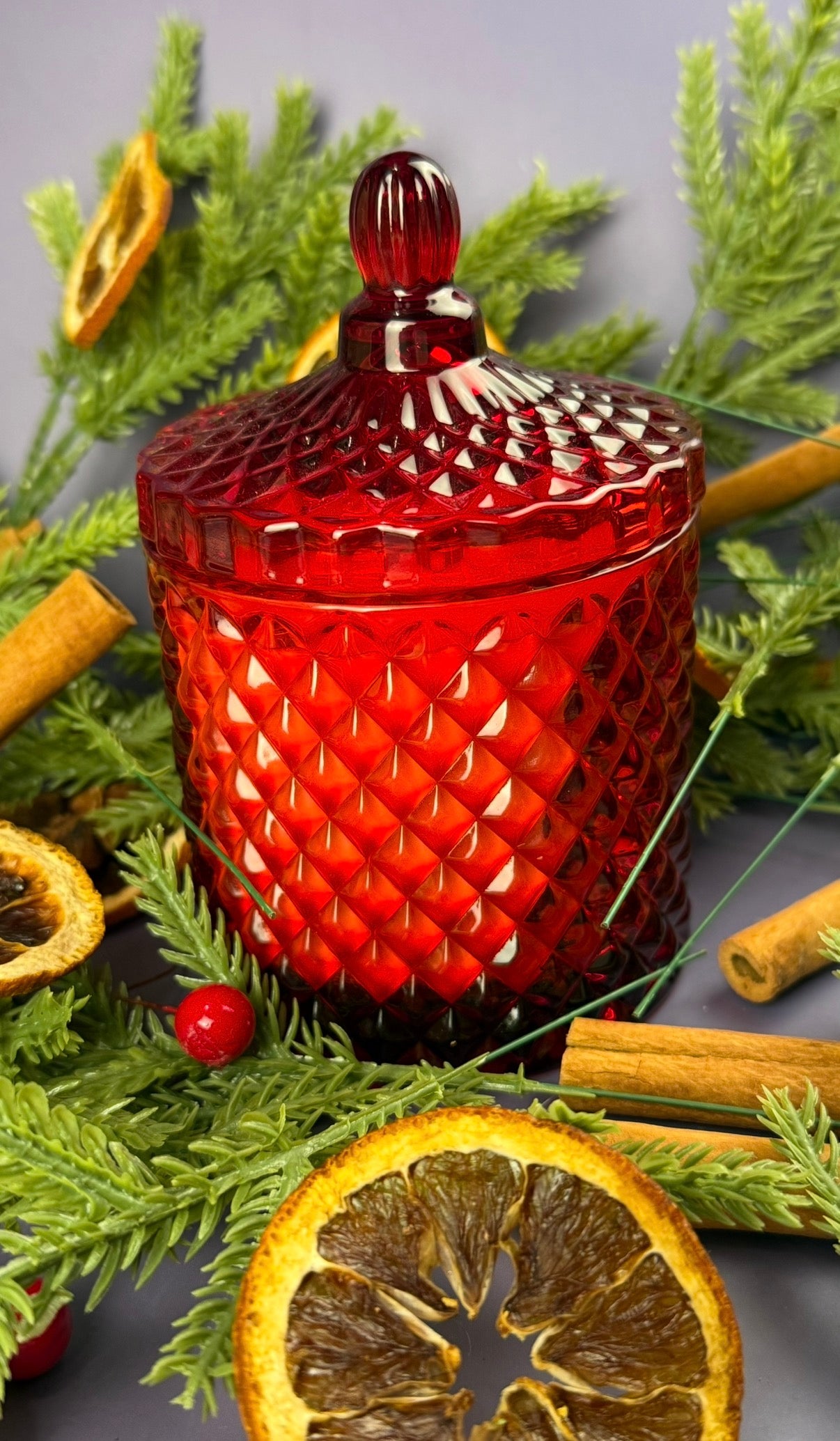 Red gloss lidded candle wooden wick spiced orange Christmas 