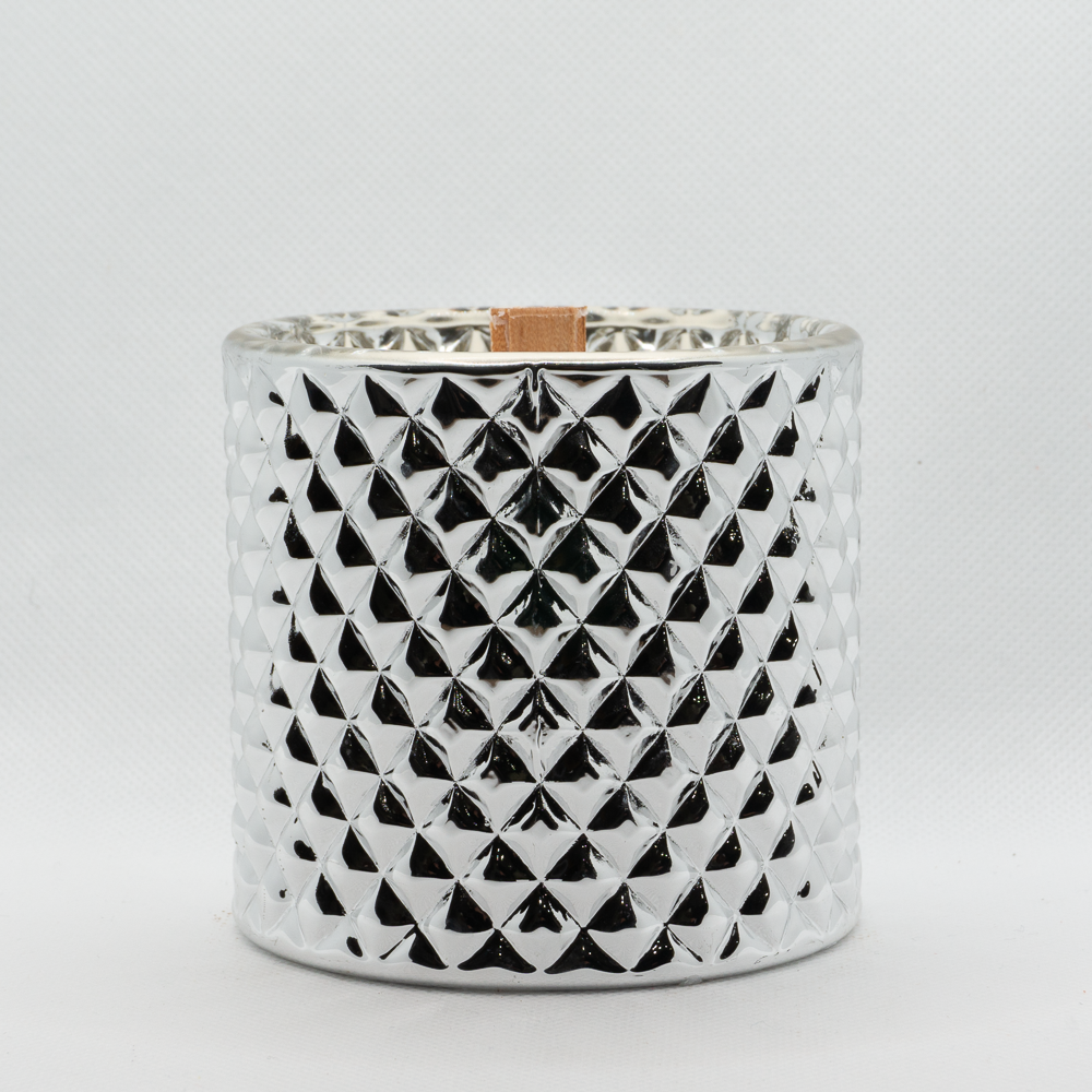 Gloss silver candle, wooden wick showing