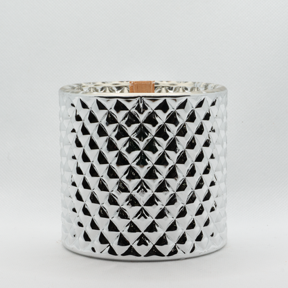 Gloss silver candle, wooden wick showing