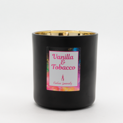 Black outer Candle with gold reflective inner candle and Vanilla & Tobacco. Cotton Wick. 