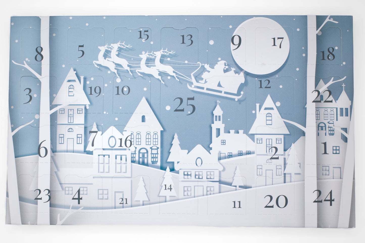 Blue and white luxury wax melt advent calendar, with white houses in a snow scene, trees , snow and reindeer flying with Santa. 