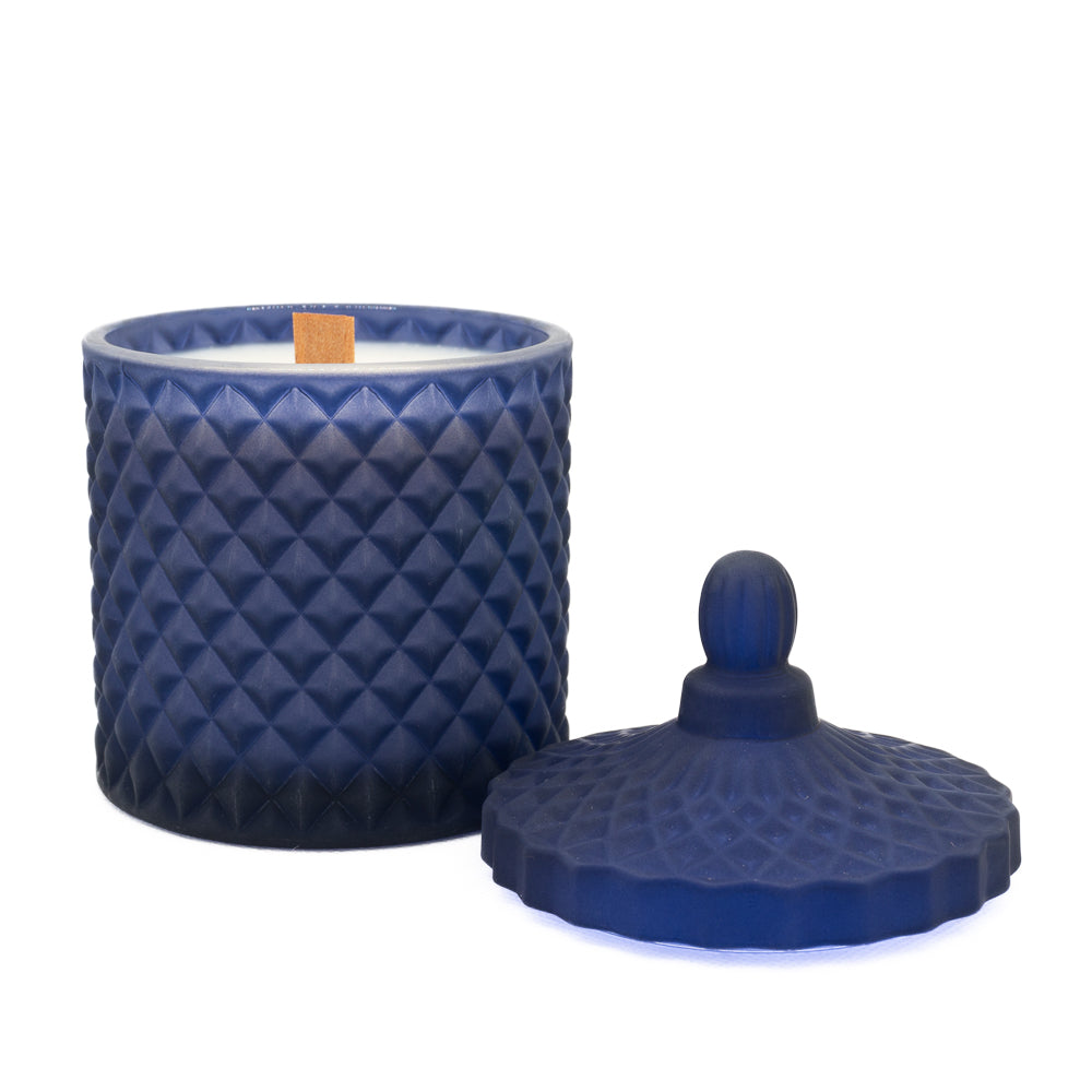 Wooden wick, showing with candle with lid removed, soy vegan and cruelty free. 